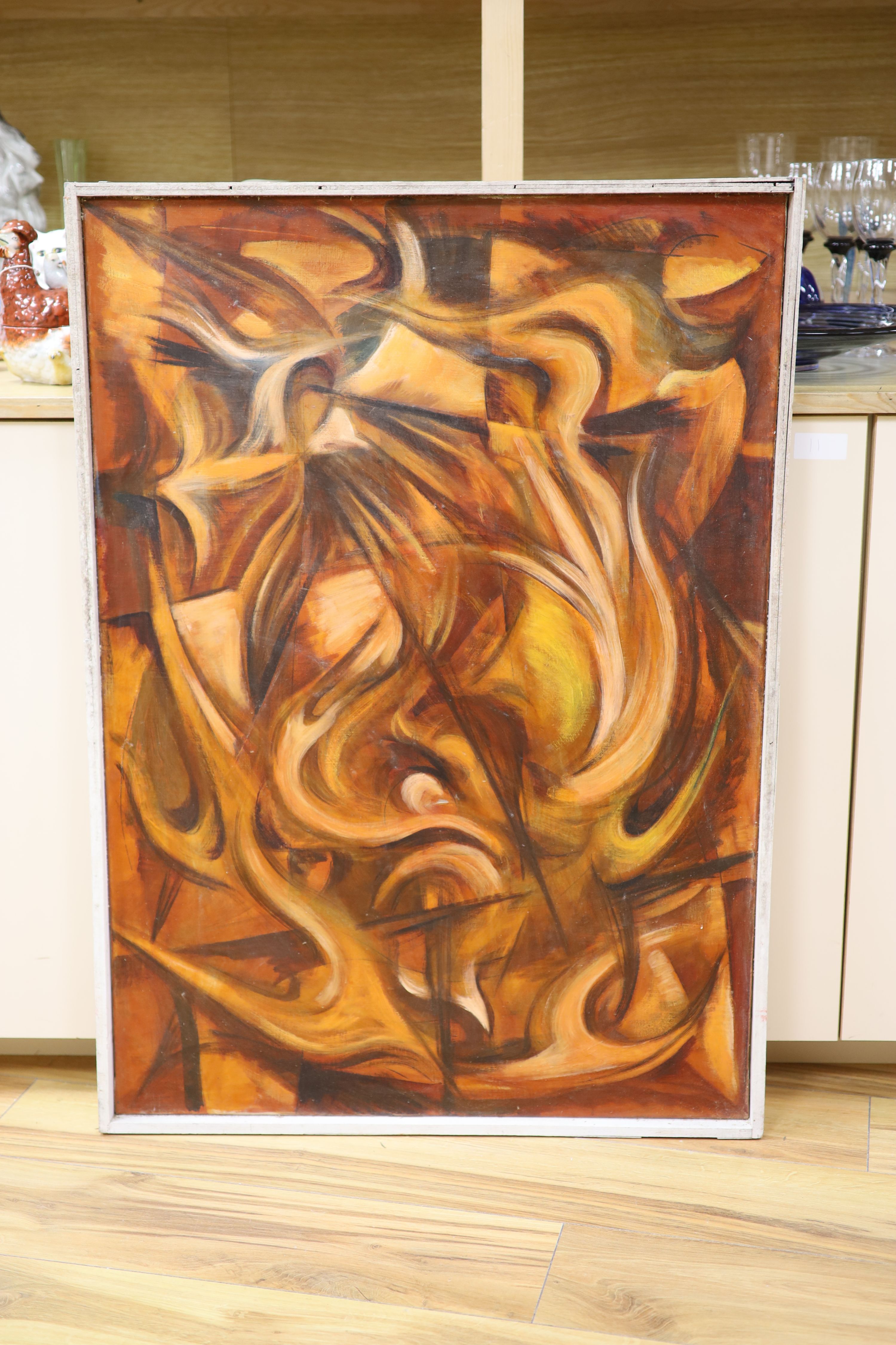 20th century continental school, an abstract composition in tones of red and amber, oil on canvas, unsigned 65 x 96cm.